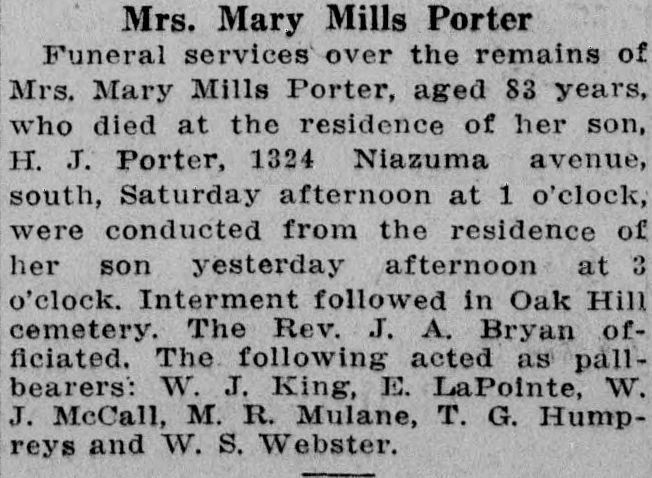 Mary Mills Porter obituary